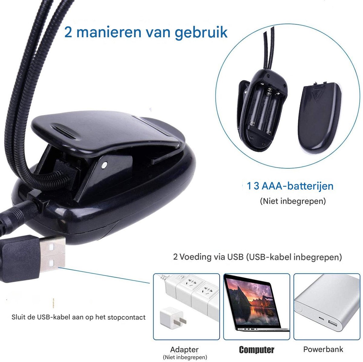 2 stuks Muziekstandaard lamp - 4 LED-boeklampjes - Clip-on pianolamp - Werkt op USB en AA-batterijen - Veilig voor de ogen en draagbaar - Geschikt voor laptops, computers, e-readers - Geschikt voor muzikanten, pianisten, kinderen en reizen - Zwart — cadeau in Gadgets - foto 4