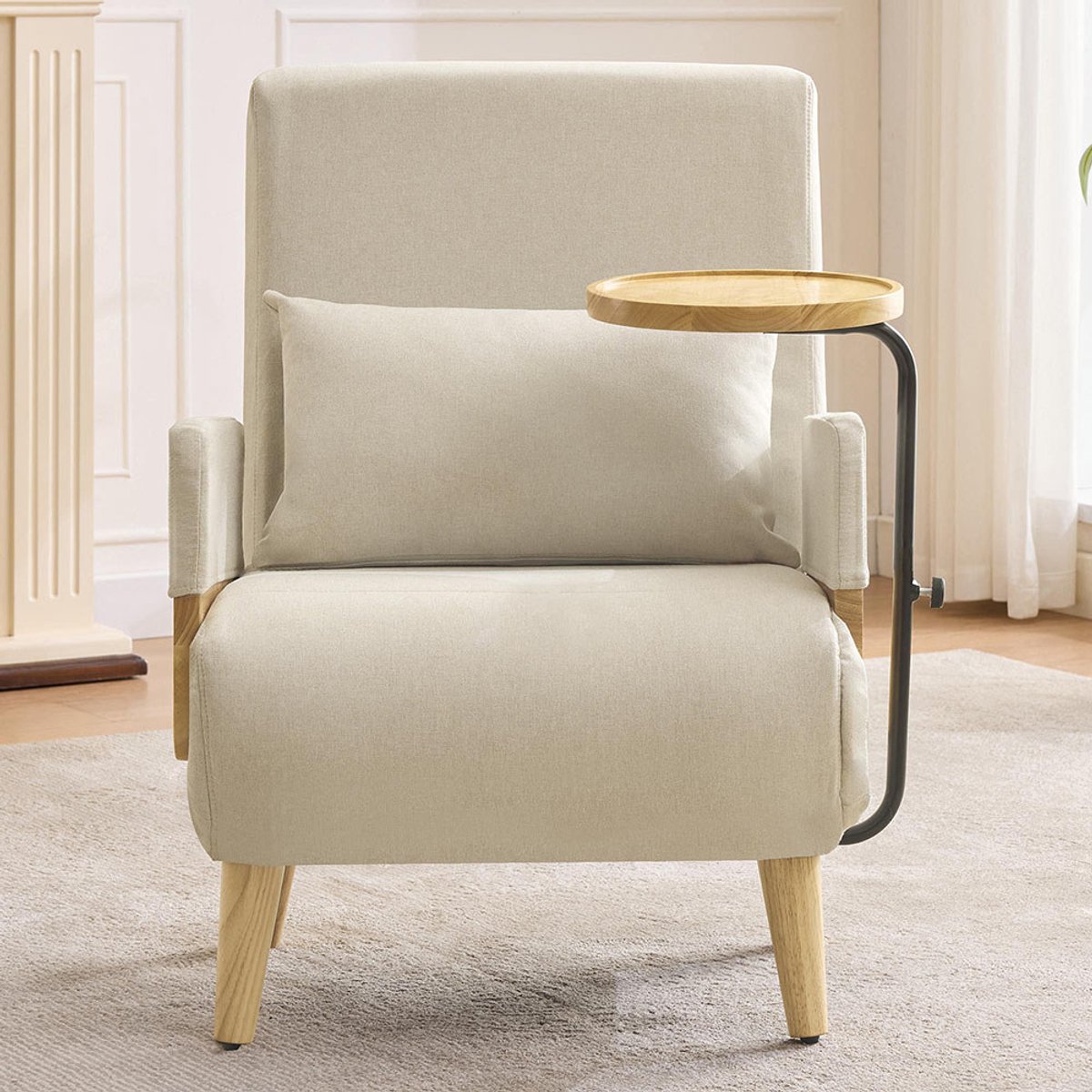 Pugsdrly Modern design: 3-in-1 slaapfauteuil met slaapfunctie, met houten tafelblad, opvouwbare fauteuil met kussen, gestoffeerde stoel, loungestoel, eenpersoonsbed, geschikt voor de woonkamer, slaapkamer, kantoor, appartement, enz.