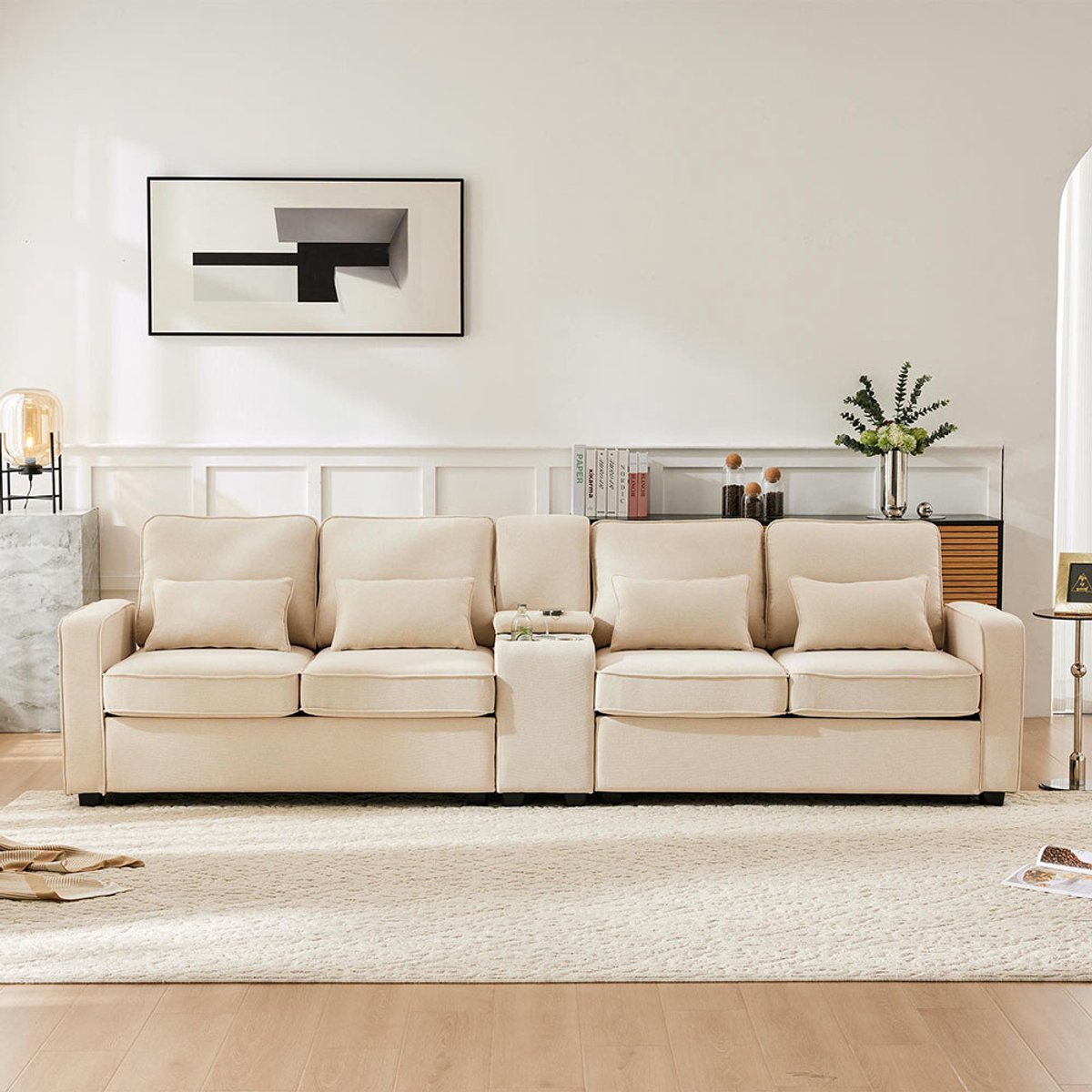 Pugsdrly Moderne 4-zitsbank in linnen met console, 2 bekerhouders, 2 USB-poorten om op te laden met een kabel, met opbergvakken in de armleuningen en 4 kussens, eenvoudige bank voor de woonkamer, het appartement, het kantoor