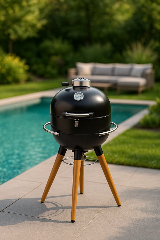 Fameilleur Barbecue met Onderstel - Houtskool BBQ met Ø41 cm Grillrooster - Ingebouwde Thermometer - Heat Deflector - Houtlook Poten - Stalen Kuip - Buiten Koken - Zwart - 98 cm barbecue- met onderstel- tuinbarbecue- barbecues voor in de tuin- tuin van Fameilleur — afbeelding 2