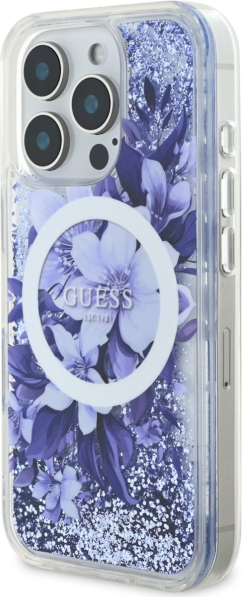 Guess Back Cover - iPhone 16 Pro - Paars - Met MagSafe Liquid Glitter - Schokabsorptie