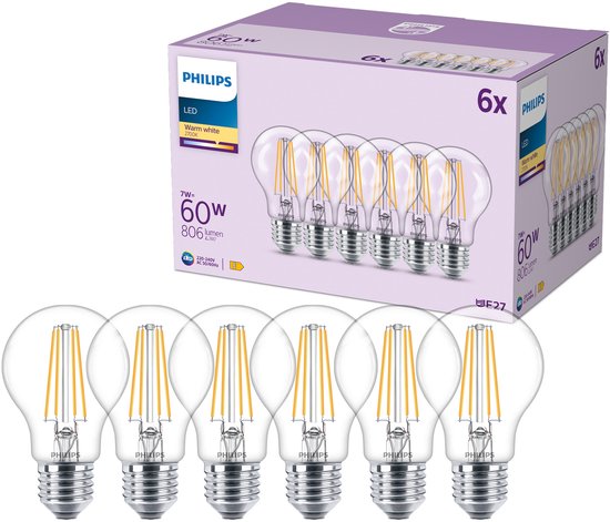 Zes Philips LED-lampen met transparante bol, E27 fitting, warmwit licht. De verpakking toont de lampen en energielabel E.