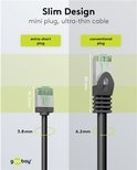 Comparaison d'une mini-fiche (15,3 mm) et d'une fiche conventionnelle (40 mm) d'un câble réseau noir. Mini-fiche avec connecteur argenté.