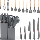 Ensemble d'ustensiles et de couteaux de cuisine Rieba® – 19 pièces – Avec support – Siliconen résistant à la chaleur – Sans BPA – Accents bois – Grijs