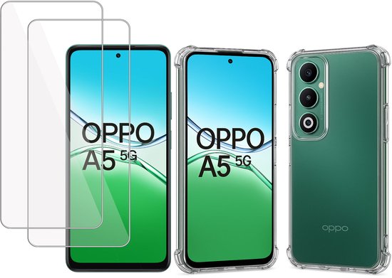 TechNow Hoesje + 2x Screenprotector geschikt voor OPPO A5 5G Hoesje Screenprotector - Tempered Glass - Extreme Shock Case Transparant
