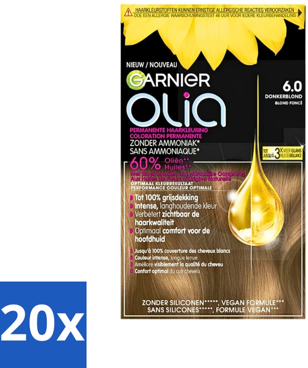 Garnier - Olia 6 - Haarkleuring - Donkerblond - Zonder Ammoniak - Intense Langhoudende Kleur - 100% Grijsdekking - Bulkverpakking - 20 stuks