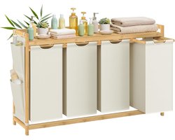 Furnstar wasmand - 4 vakken - Bamboe - Wasverzamelaar 200 l - Wassorteerder met plank -Waszak - Kleine zijzakken -4 x 50 l 1246 x 33 x 78 cm - Cremewit