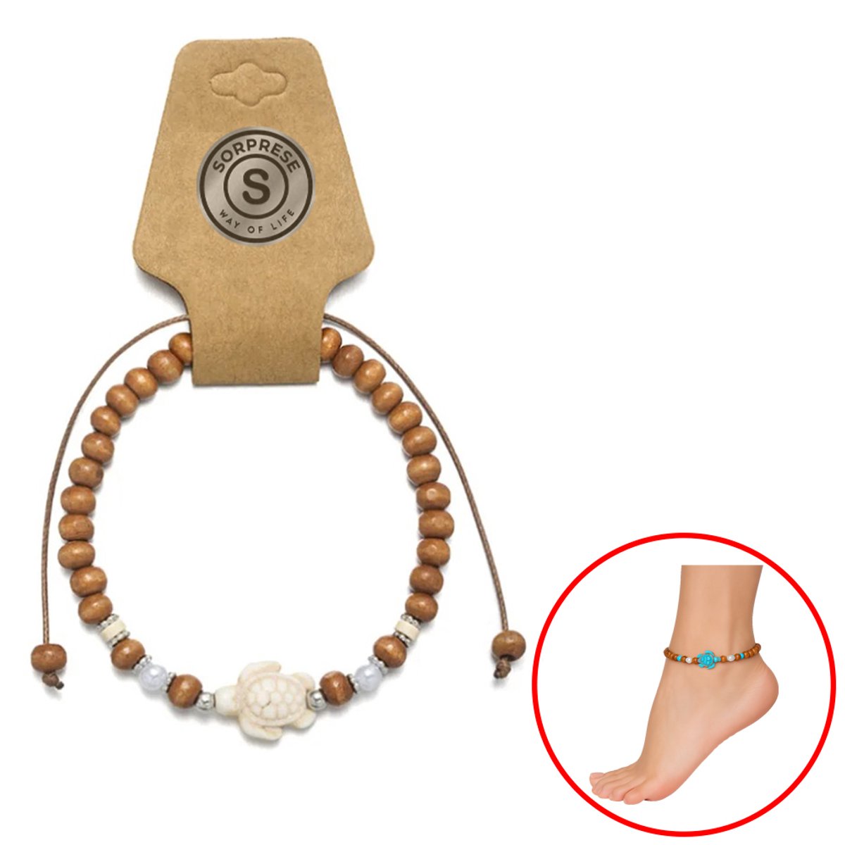 Sorprese Enkelbandje - Turtle - Bruin/Wit - Verstelbaar - Enkelbandjes Dames - Model J