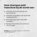 Achtergrond van shampoo-schuim. Tekst legt uit hoe de shampoo werkt: activeert doorbloeding, versterkt haarzakjes, stimuleert haargroei, reinigt mild.