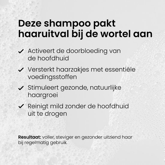Achtergrond van shampoo-schuim. Tekst legt uit hoe de shampoo werkt: activeert doorbloeding, versterkt haarzakjes, stimuleert haargroei, reinigt mild.