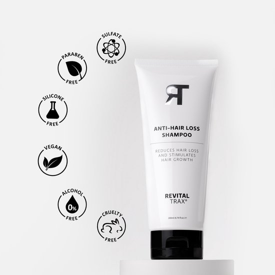 Witte tube RevitalTrax Anti-Hair Loss Shampoo staat naast vijf cirkelvormige iconen: Paraben-, Sulfaat-, Silicone-, Vegan-, Alcohol- en Cruelty-Free.