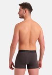 Man met kort bruin haar, draagt een donkergrijs gemêleerde shorty met donkere tailleband.