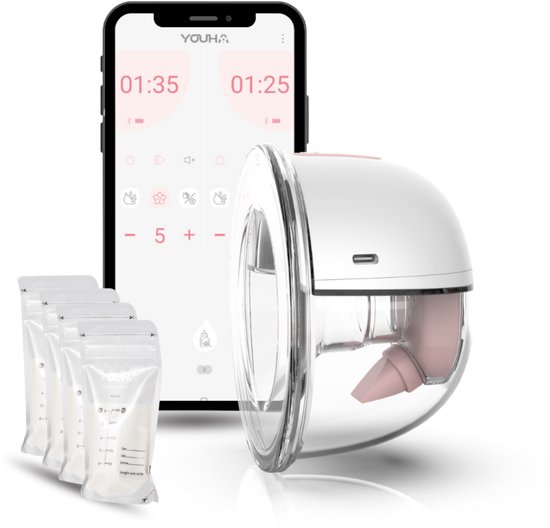 Youha Enkele draadloze borstkolf met App - Gen 2 - Maat: 22mm & 24mm - elektrische borstkolf - draadloze borstkolf - BPA vrij - bedienbaar met App - handsfree kolven - Inclusief E-book over borstvoeding en kolven!