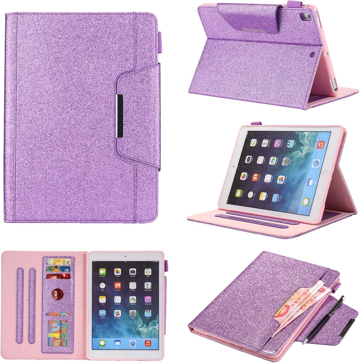 Tablet-beschermhoes voor IPAD 9.7-2017/2018 - zakelijke stijl, met kaartenvak - paars met glitter