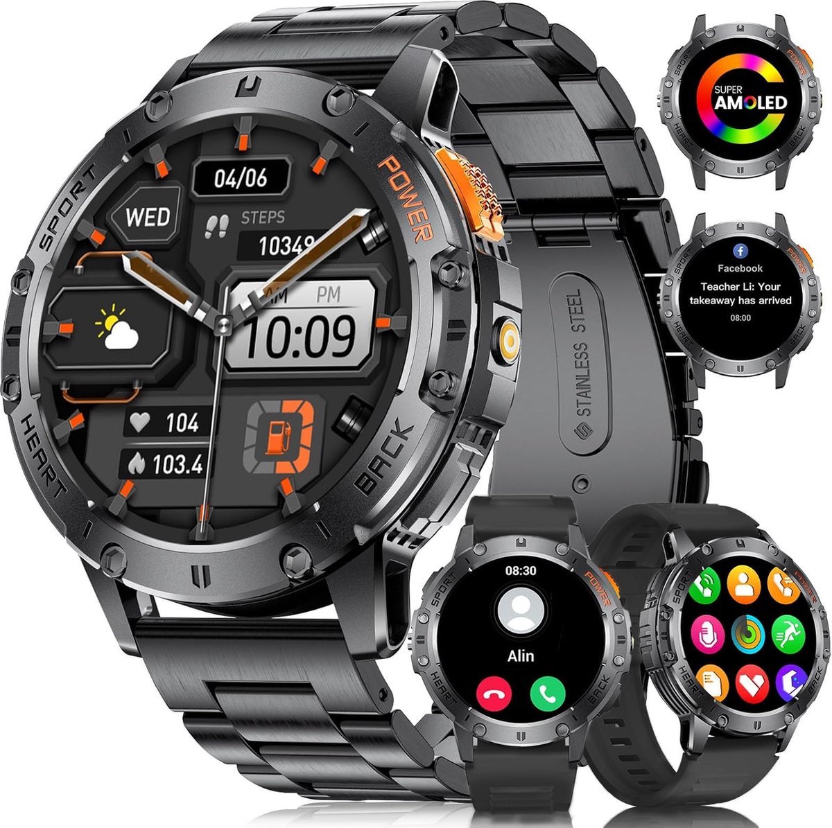 Kraftverdia® - Smartwatch Heren - met Bluetooth-oproep - 1,43" AMOLED met LED-zaklamp/530mAh - 100+ Sportmodus Fitness Tracker - Hartslag Slaap Gezondheidsmonitor - IP68 waterdicht - voor Android iOS - Stainless Steel en Siliconen bandjes - Zwart