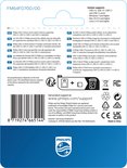 Philips USB 2.0 sticks met een witte behuizing en paarse accenten. De verpakking toont pictogrammen voor documenten, foto's, muziek en video.