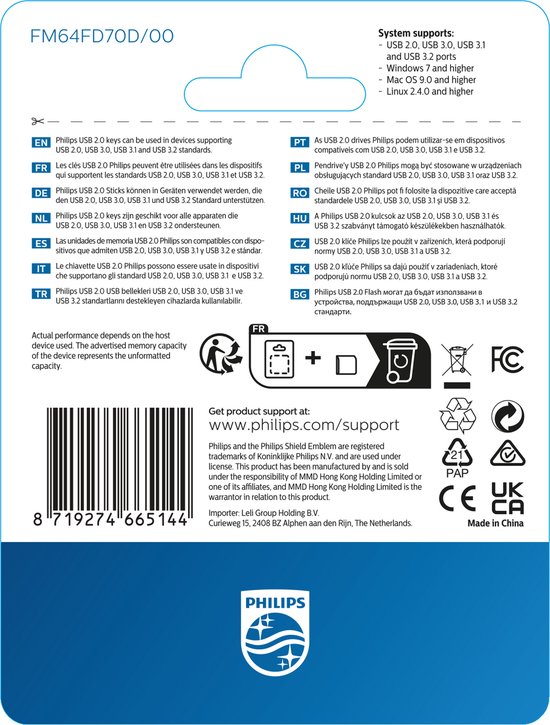 Philips USB 2.0 sticks met een witte behuizing en paarse accenten. De verpakking toont pictogrammen voor documenten, foto's, muziek en video.