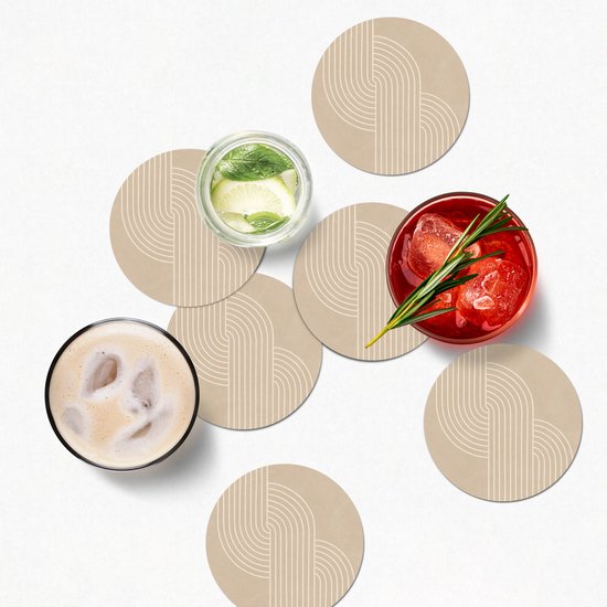 Sous-verres de verre - Rond - Lignes parallèles - Texture légère - Beige - 10x10 cm - Dessous de verre - 6 pièces