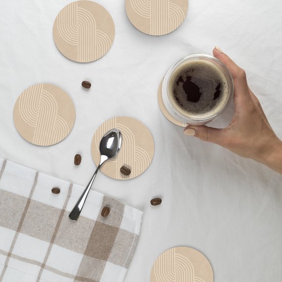 Sous-verres de verre - Rond - Lignes parallèles - Texture légère - Beige - 10x10 cm - Dessous de verre - 6 pièces