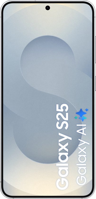 Zilverkleurige Samsung Galaxy S25 smartphone met 'Galaxy AI' tekst op het scherm.