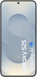 Zilverkleurige Samsung Galaxy S25 smartphone met 'Galaxy AI' tekst op het scherm.