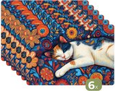 Napperons - 6 pièces - 45x30 cm - Set de table en plastique - Chat - Motif fleurs - Blauw - Oranje - Dessous de Assiettes - Décoration de table - Accessoires de décoration de table de Cuisine - Dessous de verre en Vinyl - Décoration de table