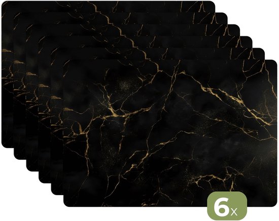 Placemats - 6 stuks - 45x30 cm - Placemat kunststof - Zwart marmer - Gouden aders - Klassiek - Borden onderleggers - Decoratie voor op tafel - Keuken tafeldecoratie accessoires - Vinyl onderlegger - Tafelversiering