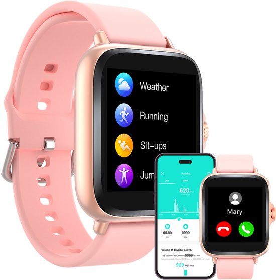 Foto: Denver smartwatch dames heren android ios volledige belfunctie sporthorloge hartslagmeter stappenteller slaapmonitor social media activiteit swc156 roze