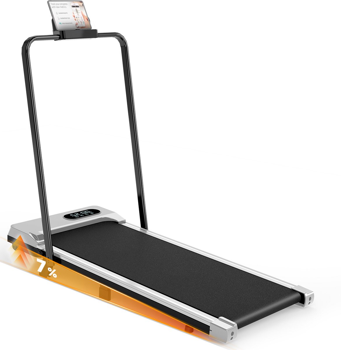 Loopband Met 7% helling - Inklapbaar loopband Elektrisch met armleuningen, 1-8 km/u - met afstandsbediening en LCD-display - Walkingpad - Treadmill - Zilver