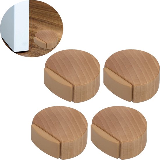 Vier ronde houten deurstoppers met beige rubberen grip, dichtbij een witte kast.