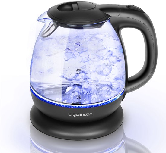 Aigostar Elfin 30IAX - Waterkoker glas - watekokers klein met LED - 1 Liter - Zwart