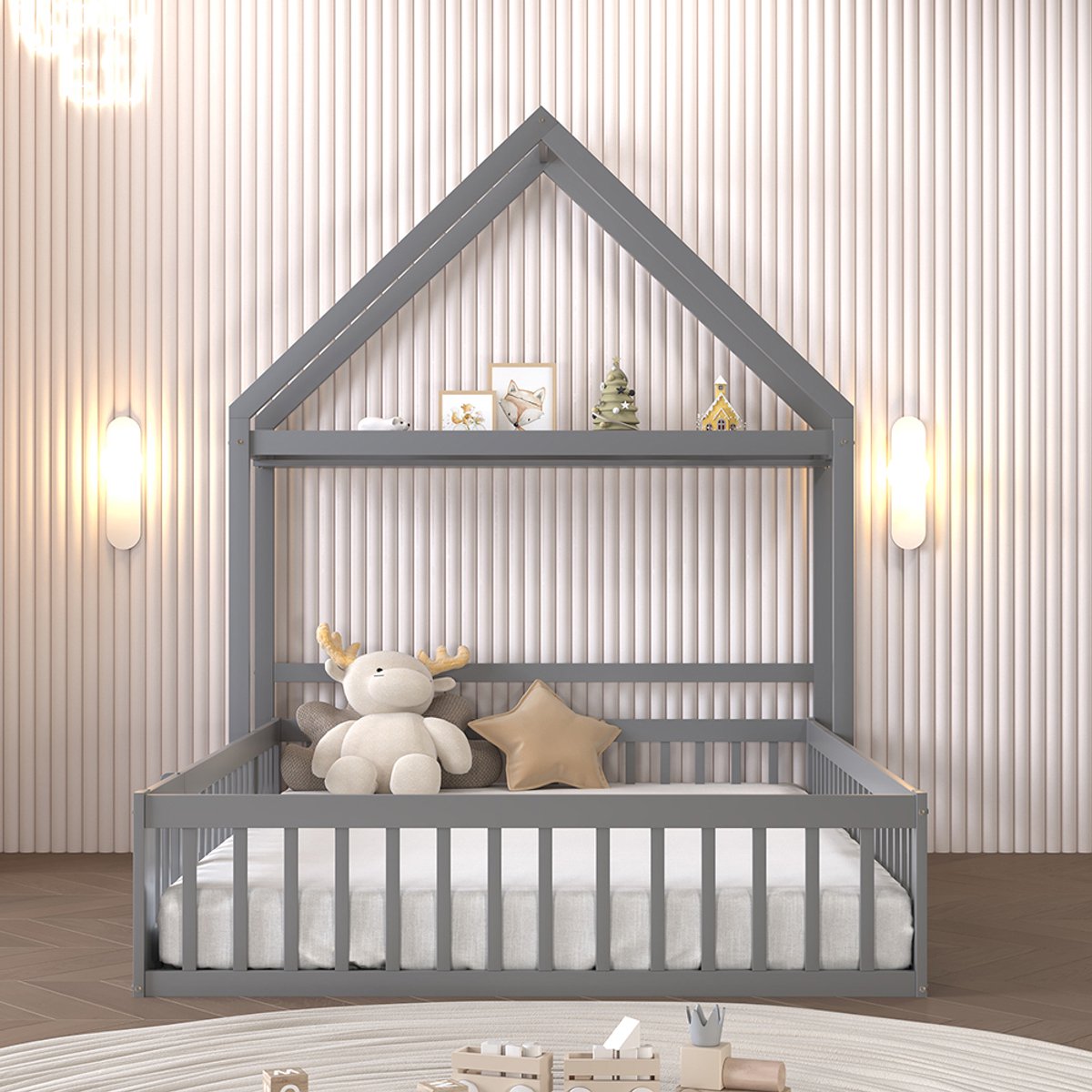Pugsdrly Kinderbed 140 x 200, kinderbedframe van massief hout met opbergruimte, volledige beschermhekken en deuren en lattenbodem, grijs