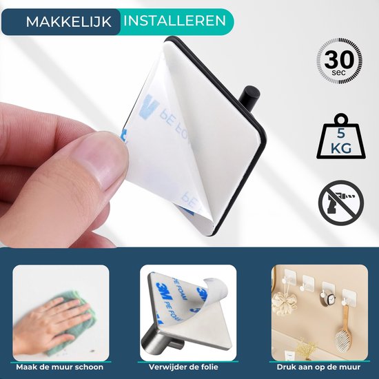 Gedetailleerde installatie van een zelfklevende witte haak: muur schoonmaken, folie verwijderen, aandrukken.