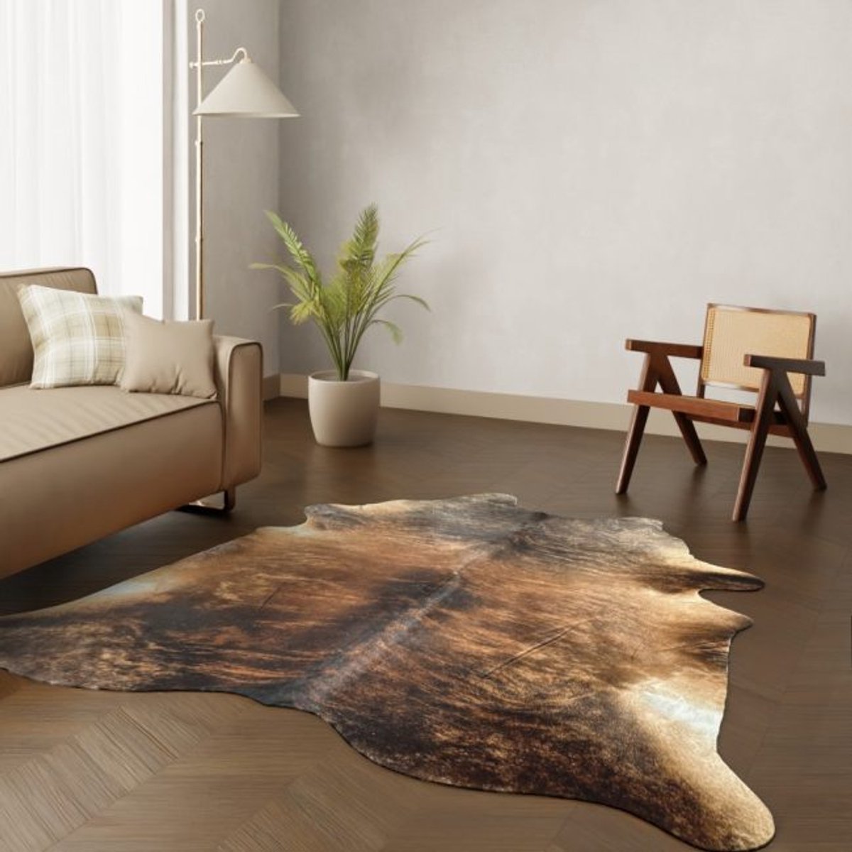 Midden bruin gestreepte koeienhuid vloerkleed - Gestreept bruin koeienkleed tijger koeienvel - dierenhuid dierenvel koehuid tijger