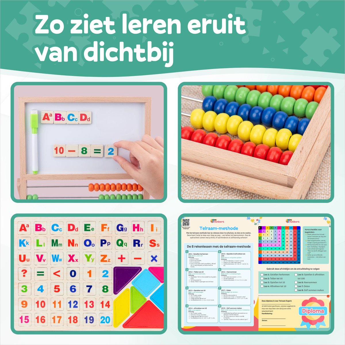 Houten Telraam met 10 Rekenlessen - FSC Hout - Abacus Leermethode - Rekenrek - Leren Rekenen voor Kinderen - Schoolboord - Krijtbord — afbeelding 5