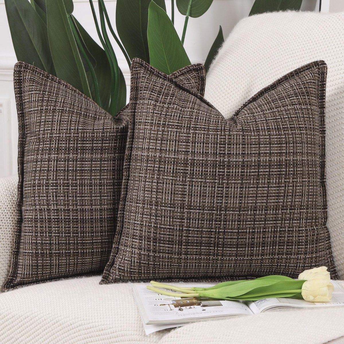 Ibenzoa Set van 2 Decoratieve Kussenhoezen voor Buiten en Binnen, Linnen, Vierkant, 40 x 40 cm, Met Stijlvolle Rand bruin