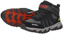 Zwarte wandelschoenen met rode en grijze accenten, rode zool.