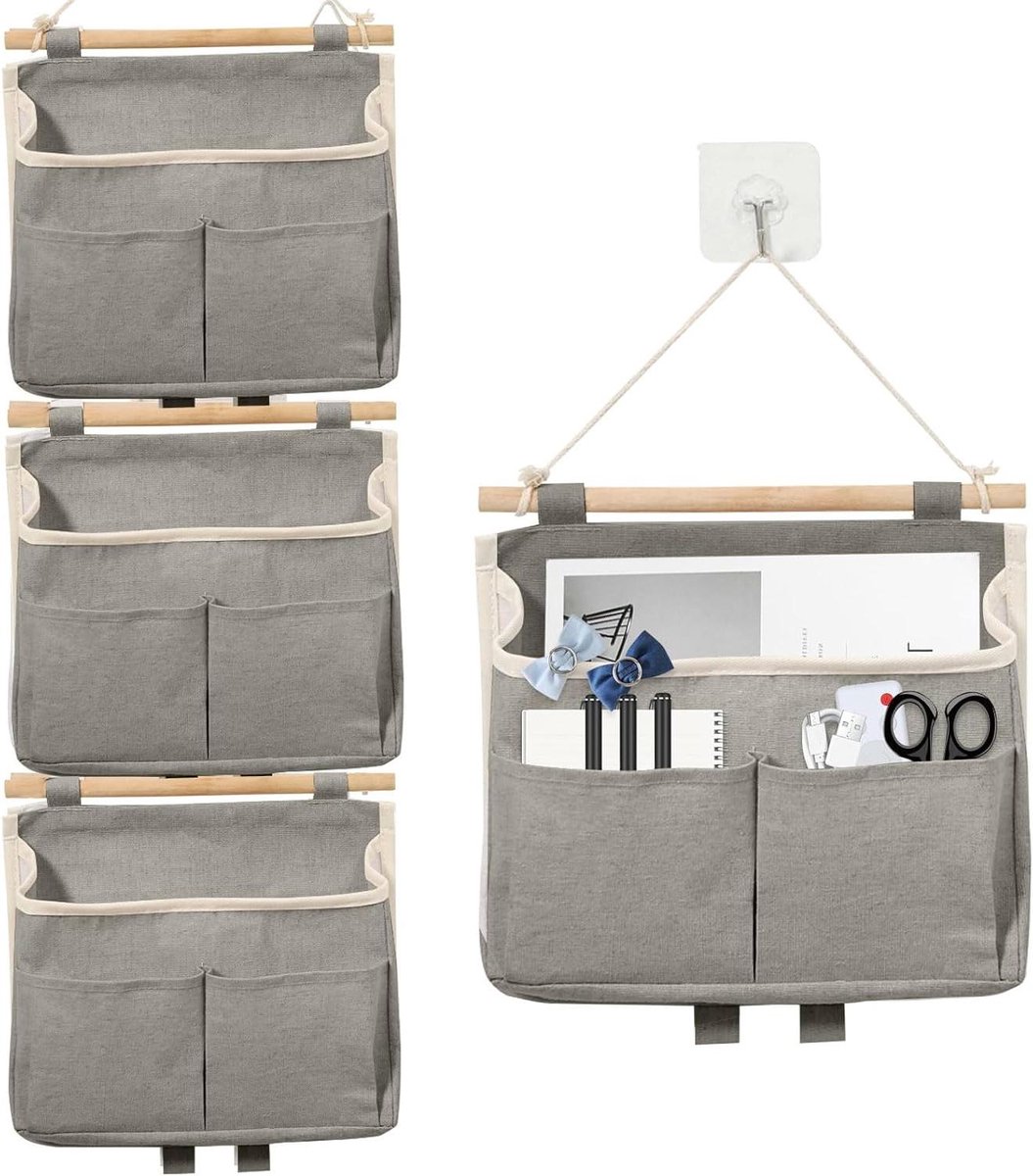 ByShane - Hanging opbergtassen met 2 zakken en plakhaakjes - Grijs - Opbergtas voor aan de muur