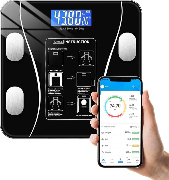 NuCare Slimme Weegschaal - Smart - Luxe Personenweegschaal - Digitale - Scale - Inclusief App - Bluetooth - Wifi - Zwart