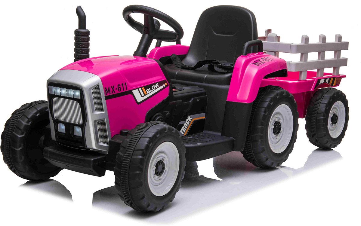 Tractor elektrisch 12V roze + trailer, elektrische kinder tractor 12V, Elektrische Tractor voor kinderen 12V + aanhanger