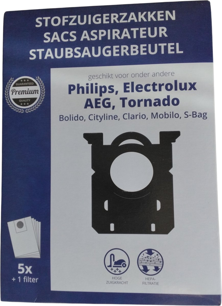 Stofzuigerzakken premium geschikt voor Philips,Electrolux,AEG,Tornado 5 stuks +1 filter