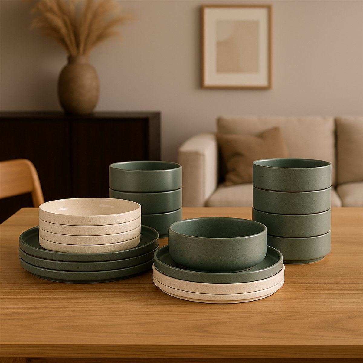 Fameilleur Bordenset 18-delig – Serviesset 6 Personen – Steengoed Borden Set – Diepe Borden – Ontbijtborden – Dinerborden – Kommen – Groen Wit Servies – Servies Magnetron Vaatwasser Geschikt – Modern Design – Luxe Cadeau – Keukenset Serviesgoed