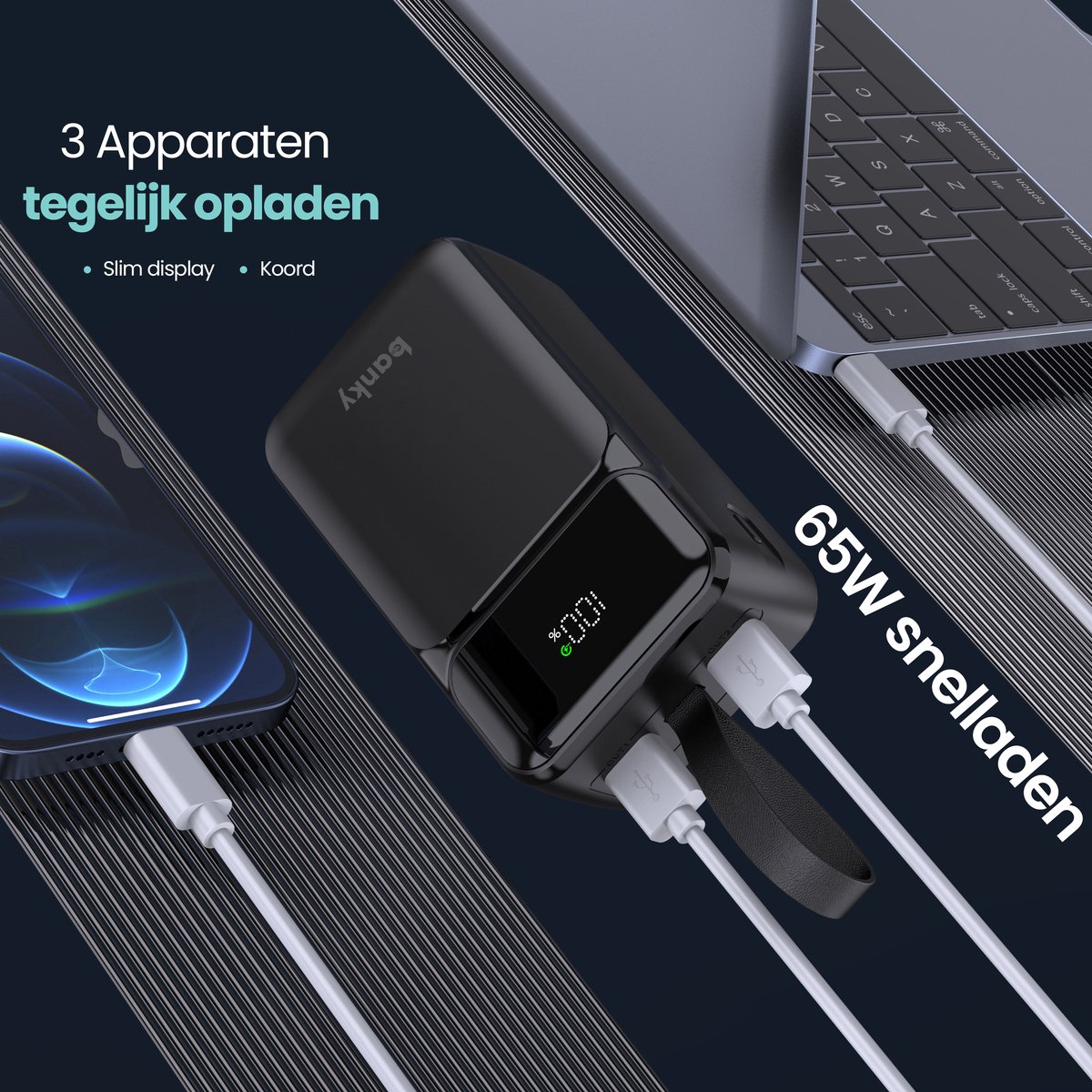 Banky 65W Powerbank 27.000 mAh met PD Fast Charge, USB-C & USB-A, 3 apparaten tegelijk opladen, laptop oplader - Afbeelding 5