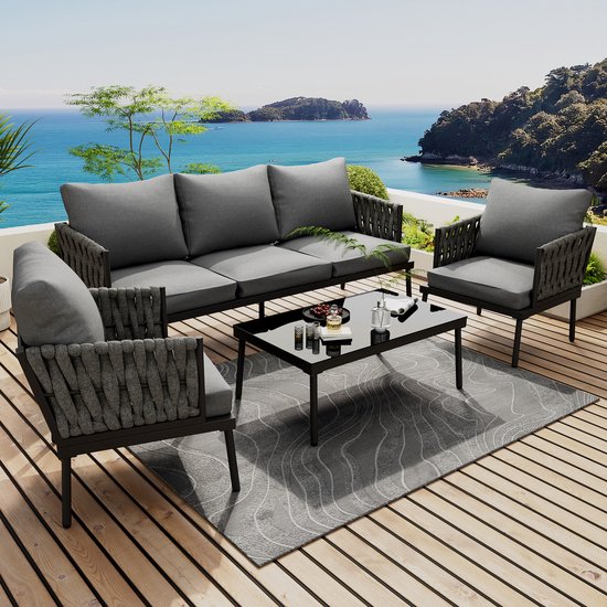 Tuinmeubelset met kussens - 3-zitsbank - 2 fauteuils en salontafel - buiten - glazen tafelblad - armleuningen van gevlochten touw - grijs