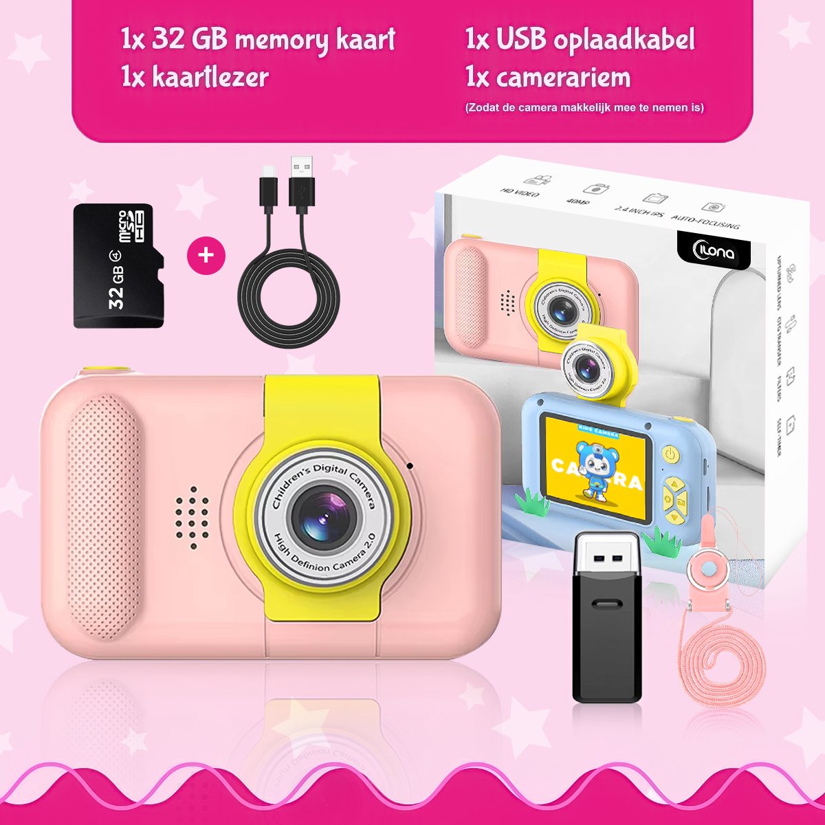 Ilona® Digitale Kindercamera HD 1080p - Speelgoedcamera - 32GB micro sd kaart - Fototoestel Voor Kinderen - Roze — afbeelding 5