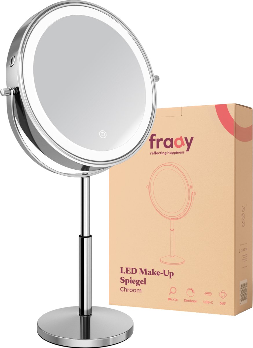 Fraay® XL Make Up Spiegel met LED Verlichting - 10x Vergroting - Vergrootspiegel met Licht - Oplaadbaar - Scheerspiegel - Badkamerspiegel - Chroom