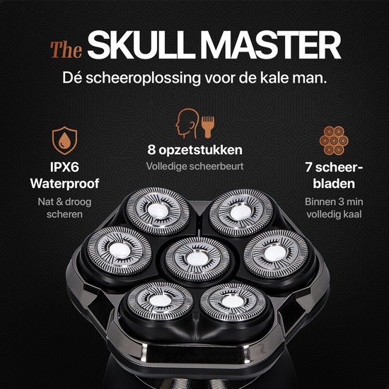 Zwart scheerapparaat Skull Master met 7 scheerkoppen, IPX6 waterdicht. "De scheeroplossing voor de kale man."
