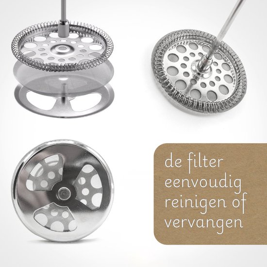 Gedetailleerde weergave van het roestvrijstalen filter van een koffiezetter, met deksel en basis.