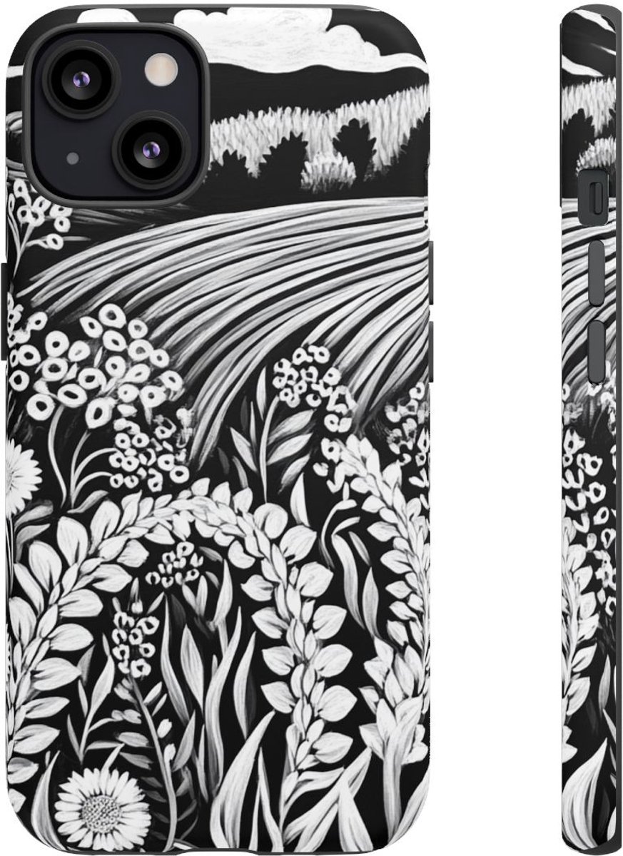 Zwart-Wit Folklore Bloemenlandschap – Telefoonhoesje Geschikt voor iPhone 13