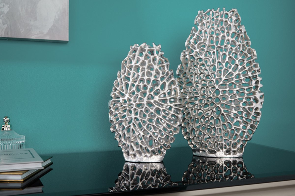 Invicta Interior Filigraan vazen set van 2 ABSTRACT LEAF 40cm zilveren metalen handgemaakte bloemenvaas - 43189 Zie omschrijving